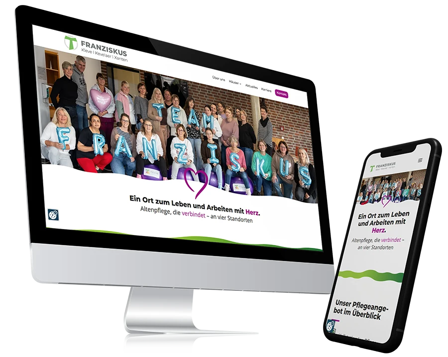 Mockup eines Computer- und Handybildschirms, auf dem die moderne Website von der Franziskus GmbH zu sehen ist.
